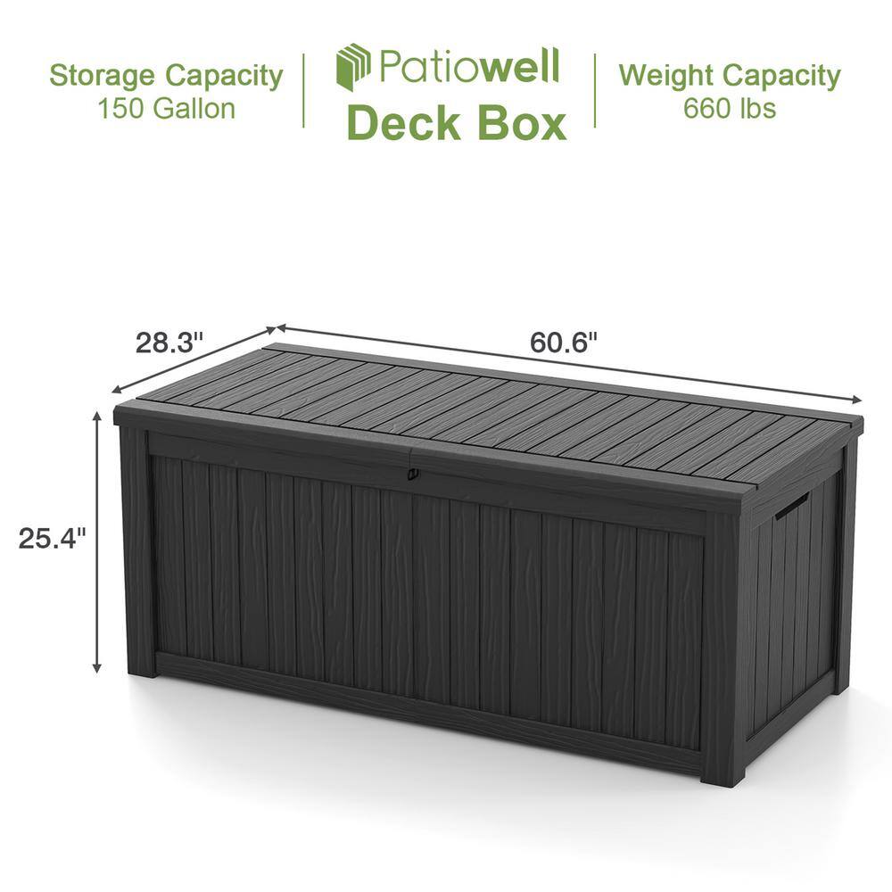 Patiowell PASB150-0 150 Gal. Outdoor Storage Resin Wood-Grain Deck Box in Black. 2 Large Storage Spaces for Patio Furniture