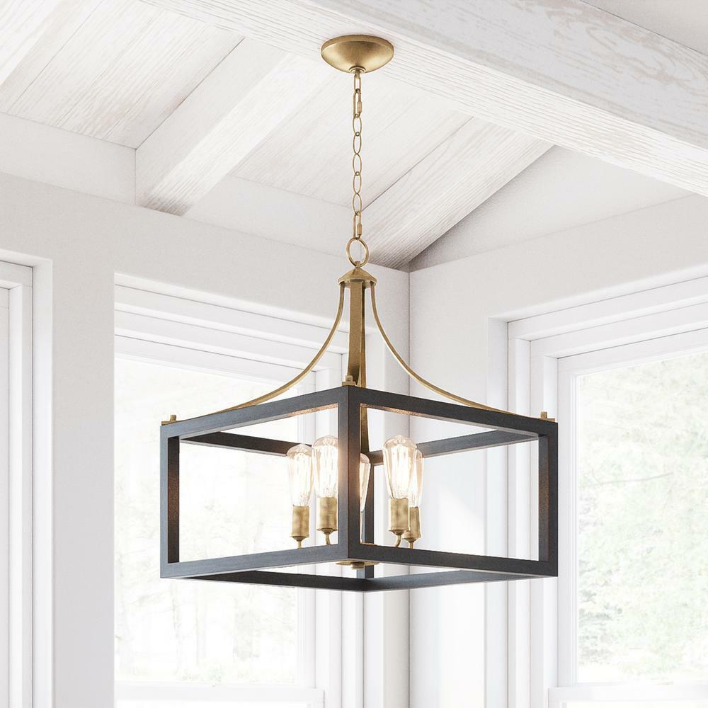 Hampton Bay 7949HDCVBDI Boswell Quarter 20 in. 5-Light Vintage Brass Farmhouse Square Chandelier with Painted Black Distressed Wood Accents