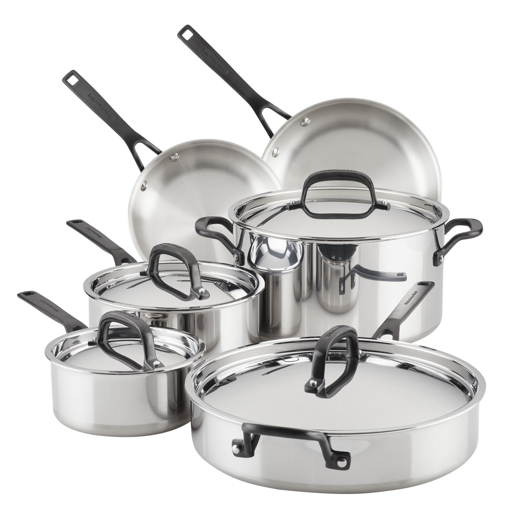 KitchenAid 5-Ply Clad Stainless Steel Cookware Set. 10-Piece. Polished Stainless Steel