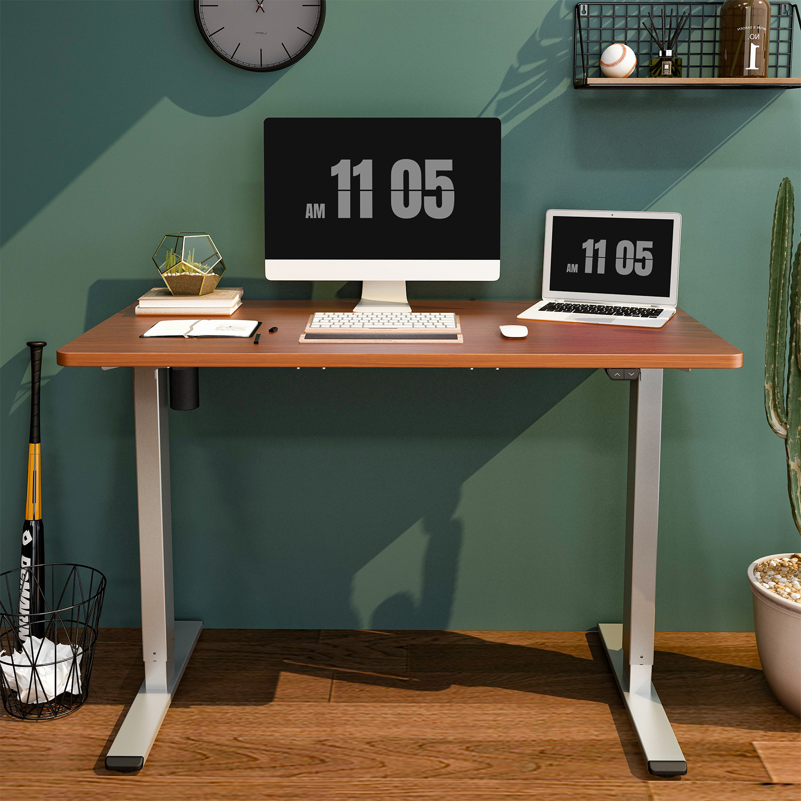 FLEXISPOT 48″x30″ Ergonomic Home Office Electric Height Adjustable Standing Desk Gray and Mahogany