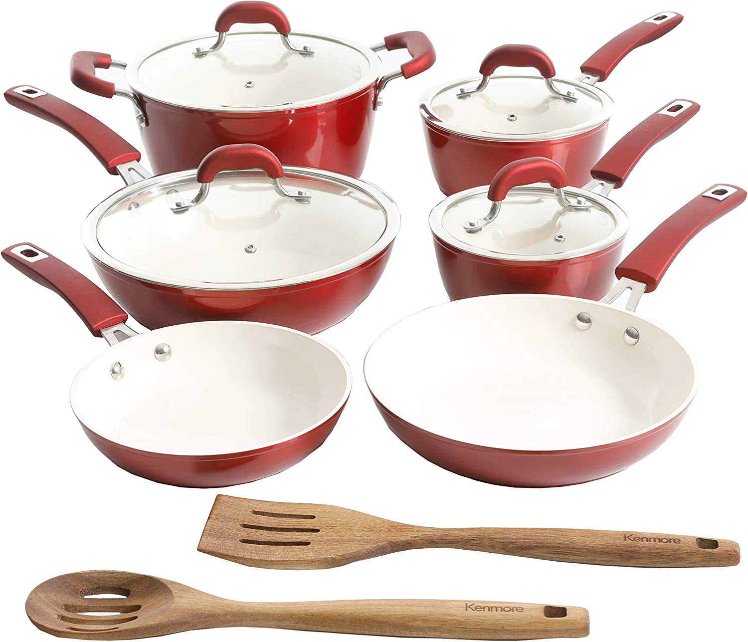 Kenmore Arlington Healthy Nonstick Ceramic Coated Forged Aluminum Induction Cookware. 12-Piece. Metallic Red