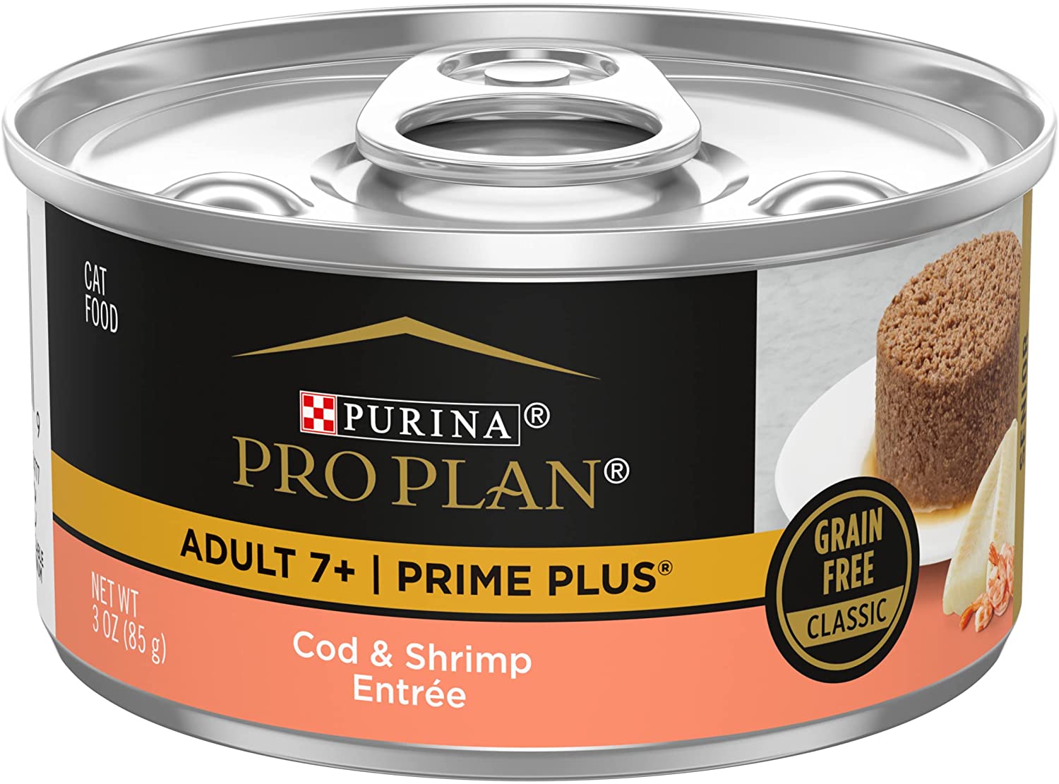 Purina Pro Plan Grain Free Senior Wet Cat Food Pate. SENIOR Prime Plus Cod and Shrimp Entree - (24) 3 oz. Pull-Top Cans