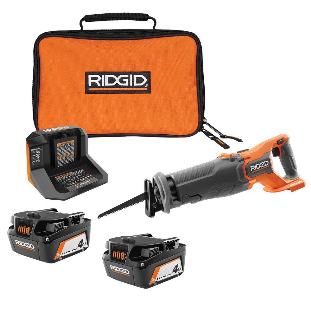 RIDGID R8647B-AC93044SBN 18V Brushless Cordless Reciprocating Saw with (2) 4.0 Ah Batteries. 18V Charger. and Bag