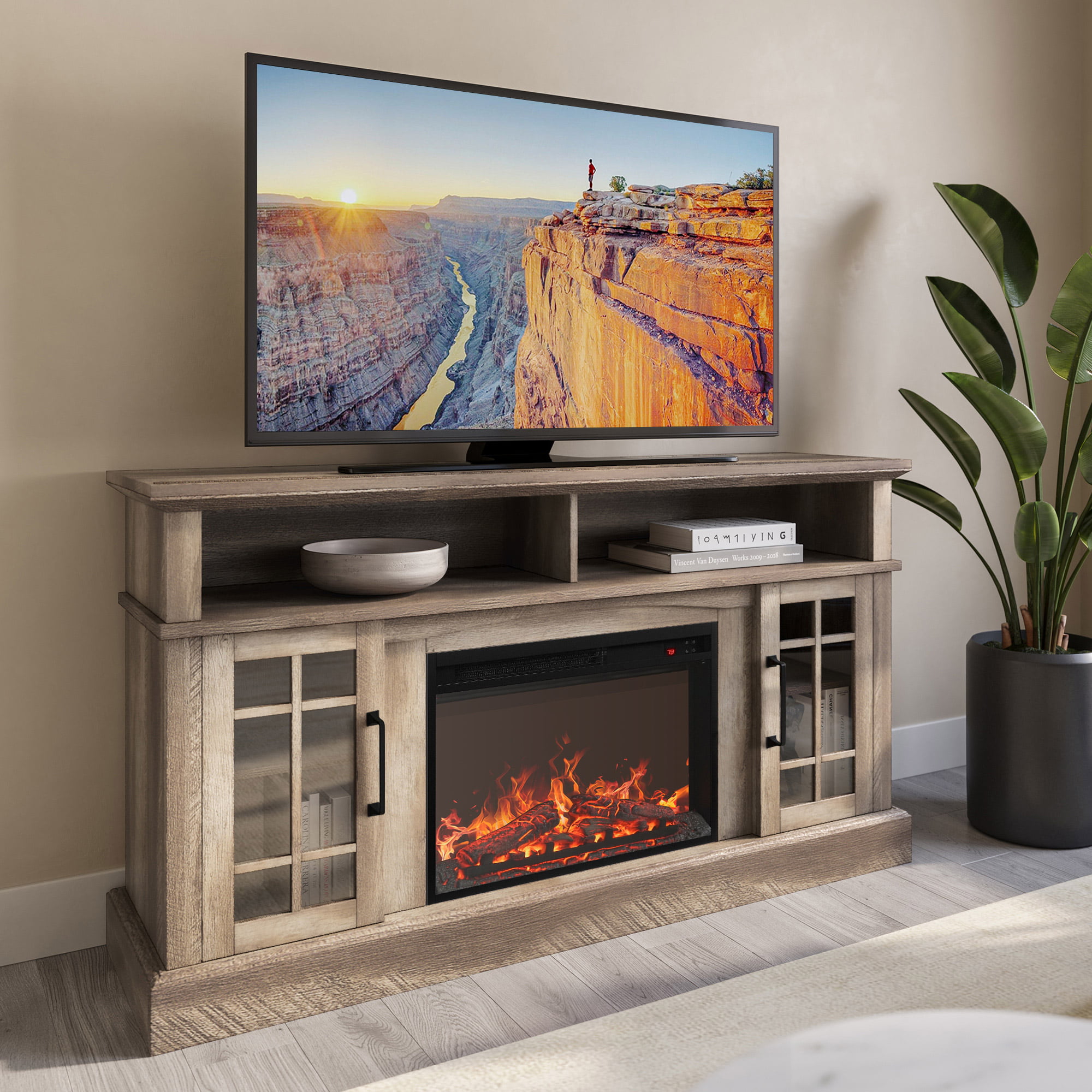 BELLEZE  58″ TV Stand with 23″ Electric Fireplace. Fireplace TV Console for TVs up to 65″. Home Entertainment Center with Storage Cabinet and Adjustable Shelves - Astorga (Ashland Pine)