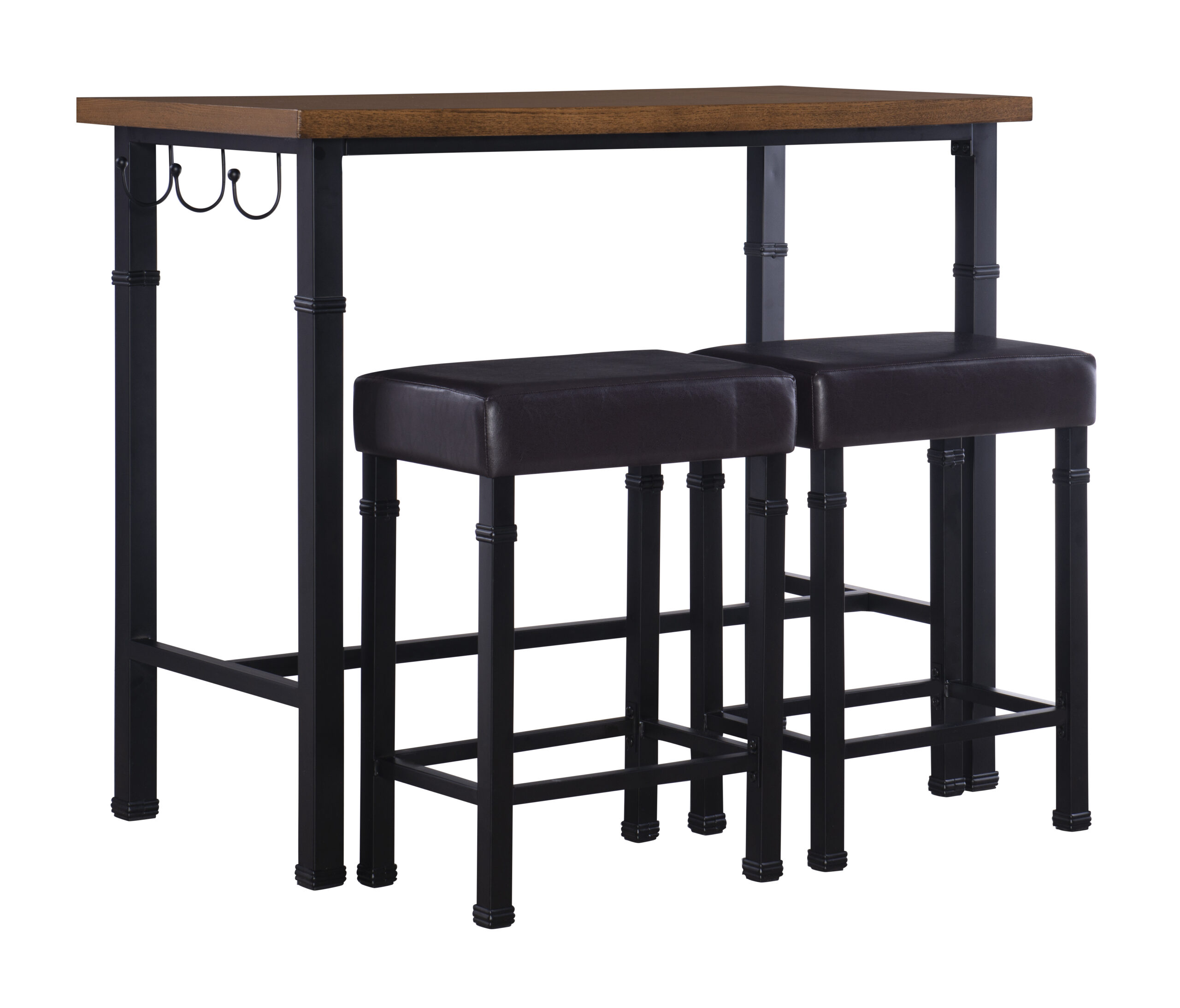 Linon Austin 3-Piece Casual Dining Tavern Set. 24″ Seat Height. Black Metal Finish with Brown Fabric