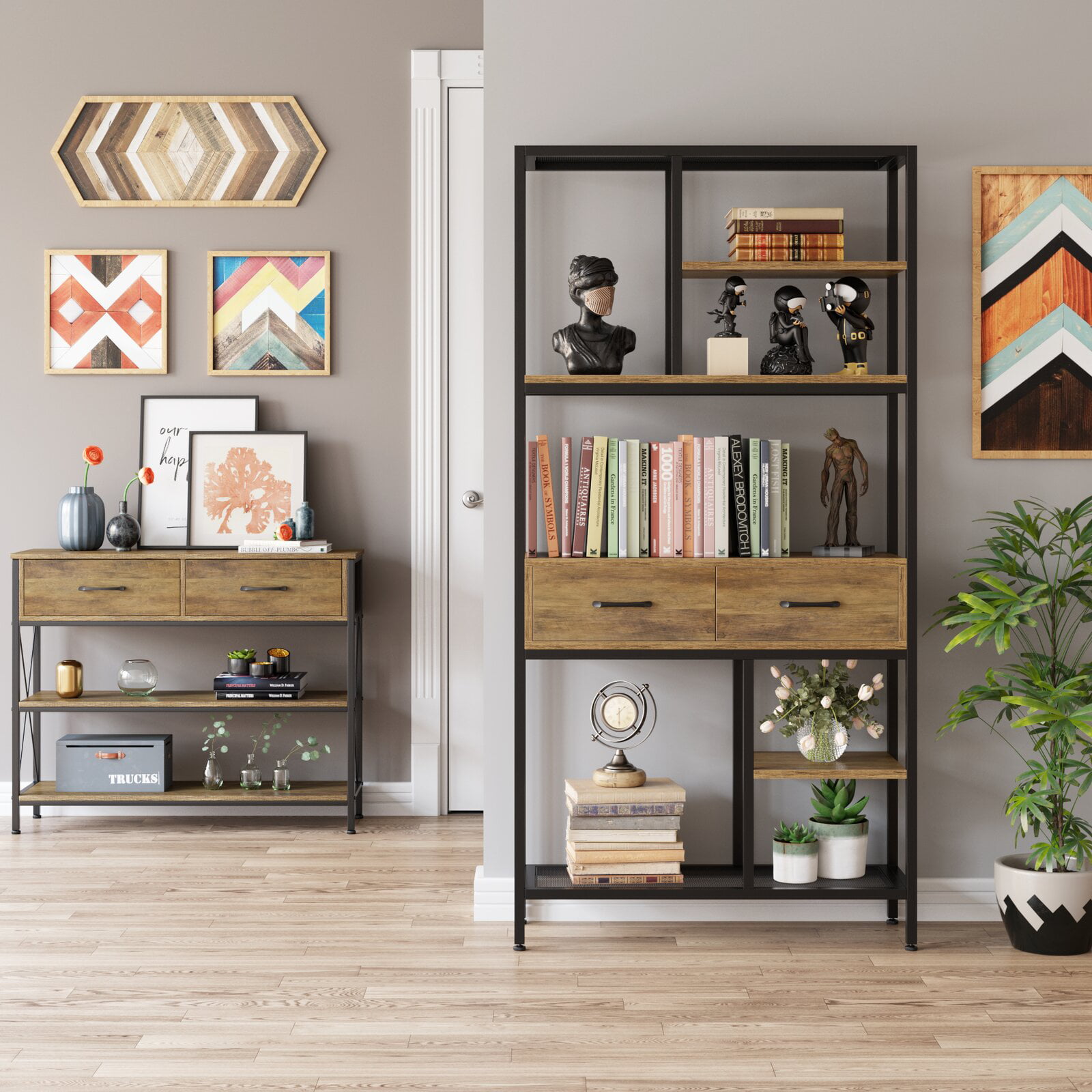 Homfa 5-tier Iron Bookcase with 2 Drawers. Industrial Tall Bookshelf with 7 open storage shelves. Free Standing Display shelf with Metal Frame. Rustic Brown