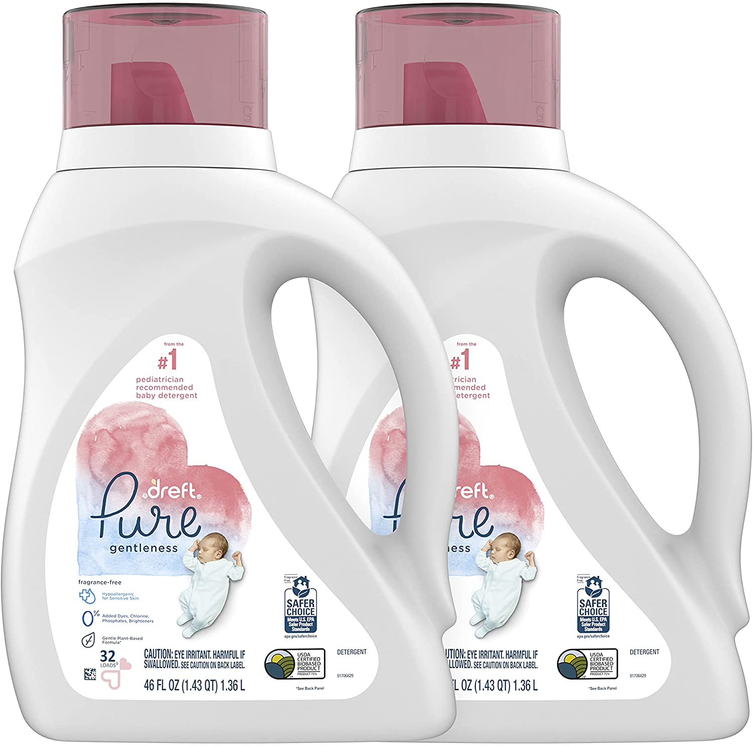 Dreft Pure Gentleness Liquid Baby Detergent. Fragrance Free. 46 Fl Oz. Pack of 2
