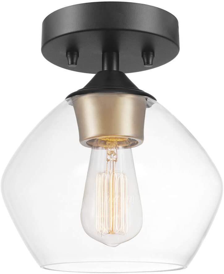 Globe Electric Harrow 1-Light Semi-Flush Mount Ceiling Light with a Matte Black Finish. Gold Accent Socket and Clear Glass Shade. Dimmable Option
