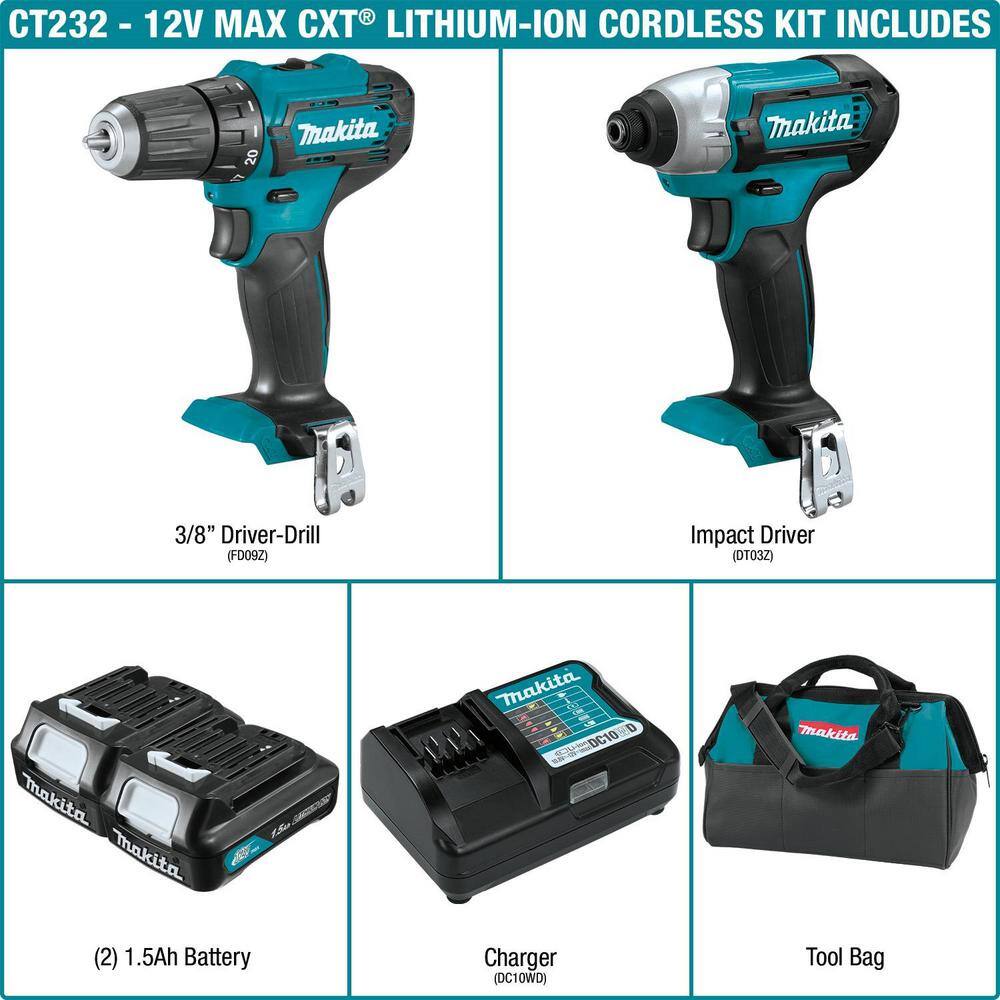Makita CT232 12V max CXT 1.5 Ah Lithium-Ion Cordless Drill Driver and Impact Driver Combo Kit (2-Piece)