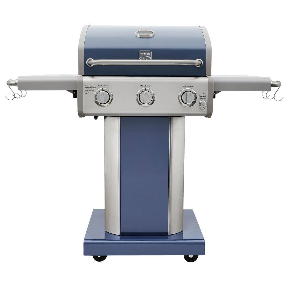 KENMORE PG-4030400LD-AZ 3-Burner Propane Gas Pedestal Grill with Foldable Side Shelves-Azure