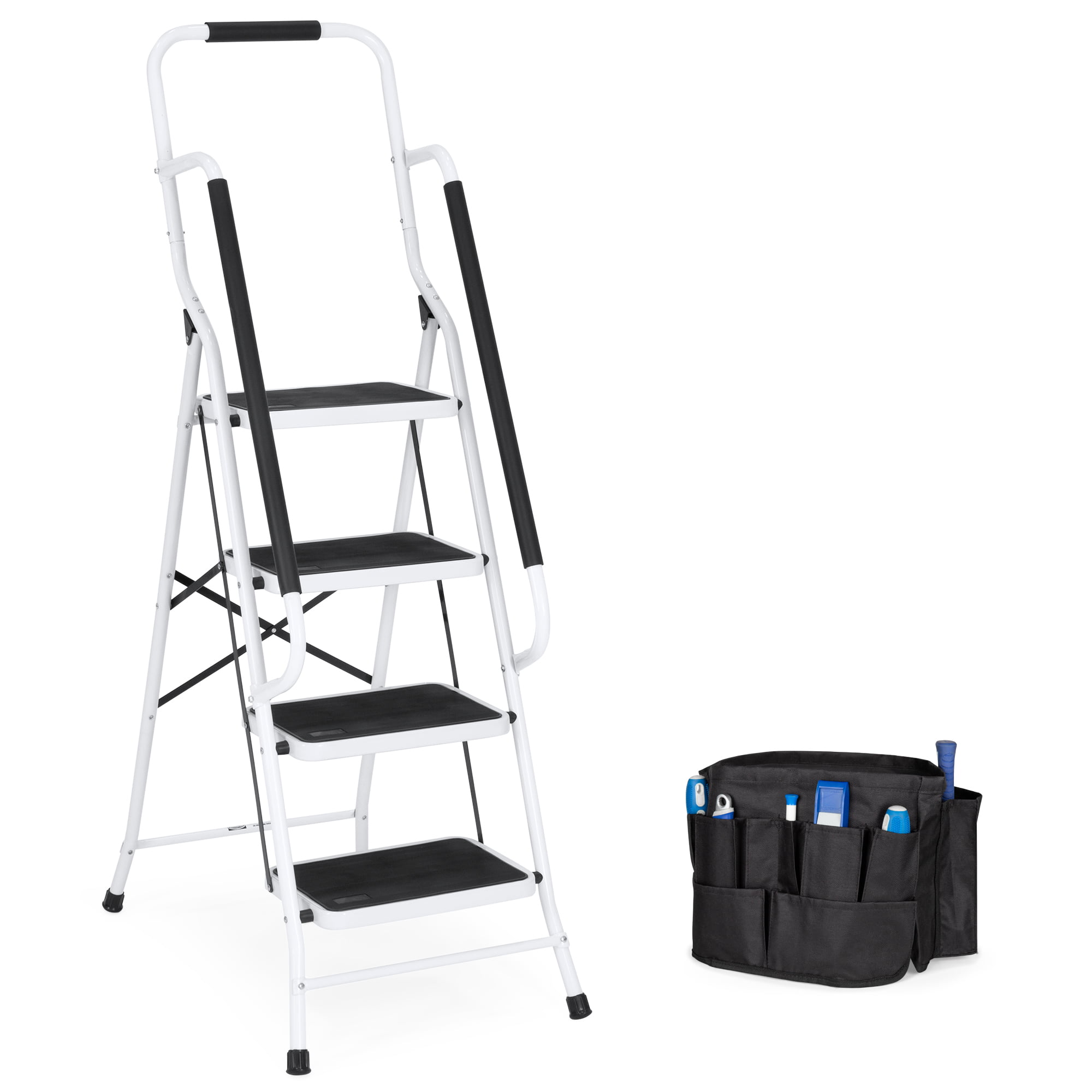 Best Choice Products 4-Step Portable Folding Anti-Slip Steel Ladder w/ Handrails. Attachable Tool Bag
