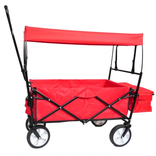 Collapsible Wagon Folding Cart with Canopy Beach Garden Outdoor Sport Utility Cart Wheels Adjustable Handle Rear Storage. Red. 49.2 x 20.5 x 45.27 inches