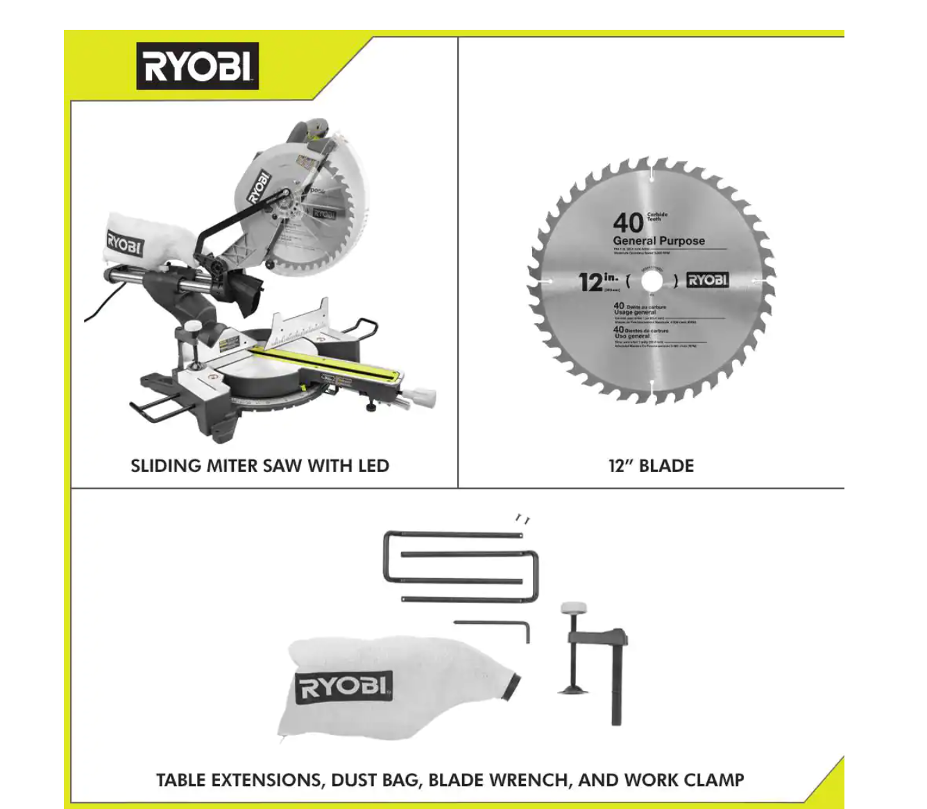RYOBI TSS121-A181202 15 Amp 12 in. Corded Sliding Compound Miter Saw with 12 in. 60 Carbide Teeth Thin Kerf Miter Saw Blade