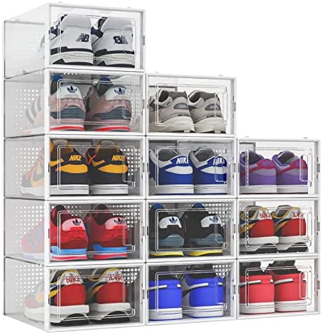 SESENO. 12 Pack Shoe Storage Boxes. Clear Plastic Stackable Shoe Organizer Bins. Drawer Type Front Opening Shoe Holder Containers