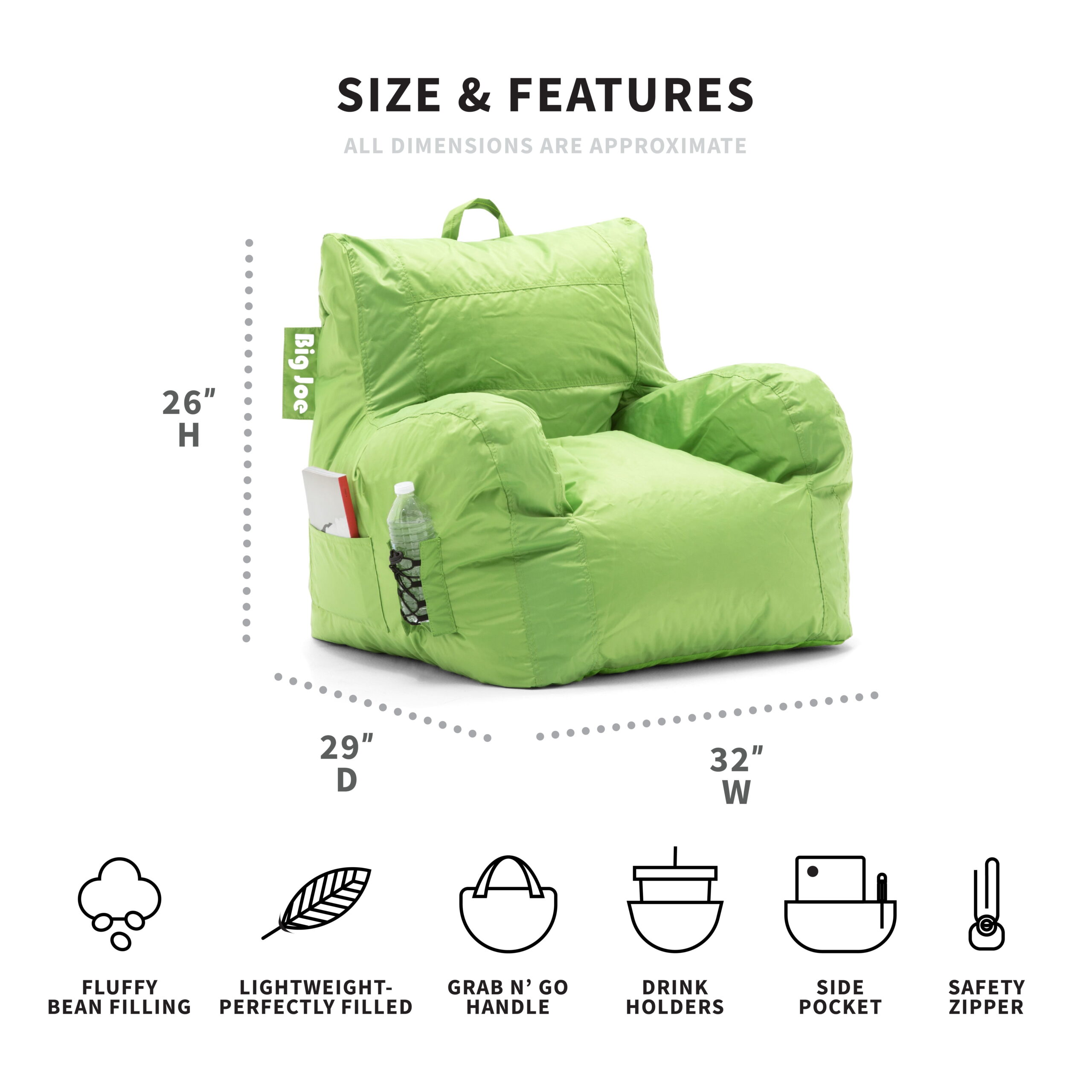 Big Joe Dorm Bean Bag Chair. Kids/Teens. Smartmax 3ft. Spicy Lime