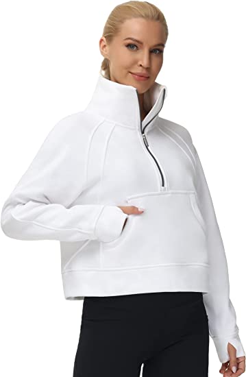 Women's Half Zip Pullover Sweatshirt Fleece Stand Collar Crop Sweatshirt with Pockets Thumb Hole. White