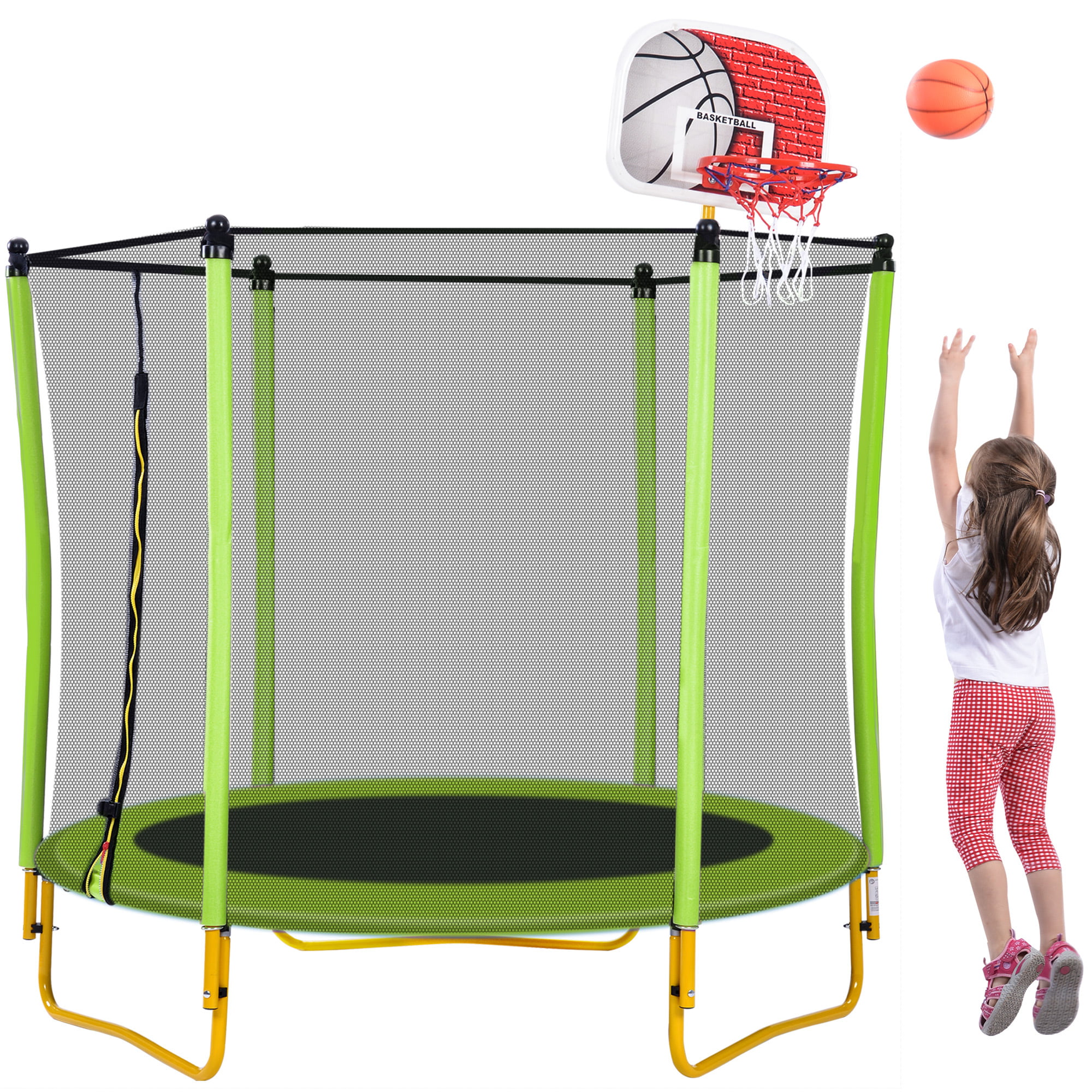 EUROCO 5.5FT Trampoline for Kids - 65″ Outdoor & Indoor Mini Toddler Trampoline with Enclosure. Basketball Hoop and Ball Included