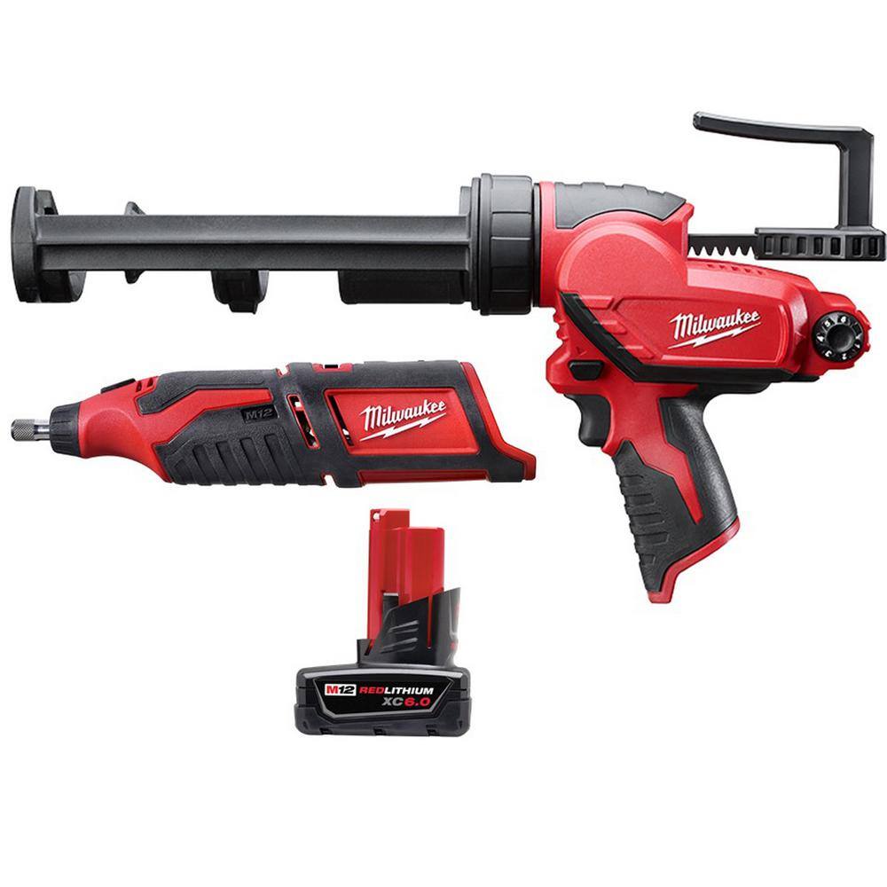 Milwaukee 2460-20-2441-20-48-11-2460 M12 12V Lithium-Ion Cordless Rotary Tool with M12 10 oz. Caulk and Adhesive Gun and 6.0 Ah XC Battery Pack