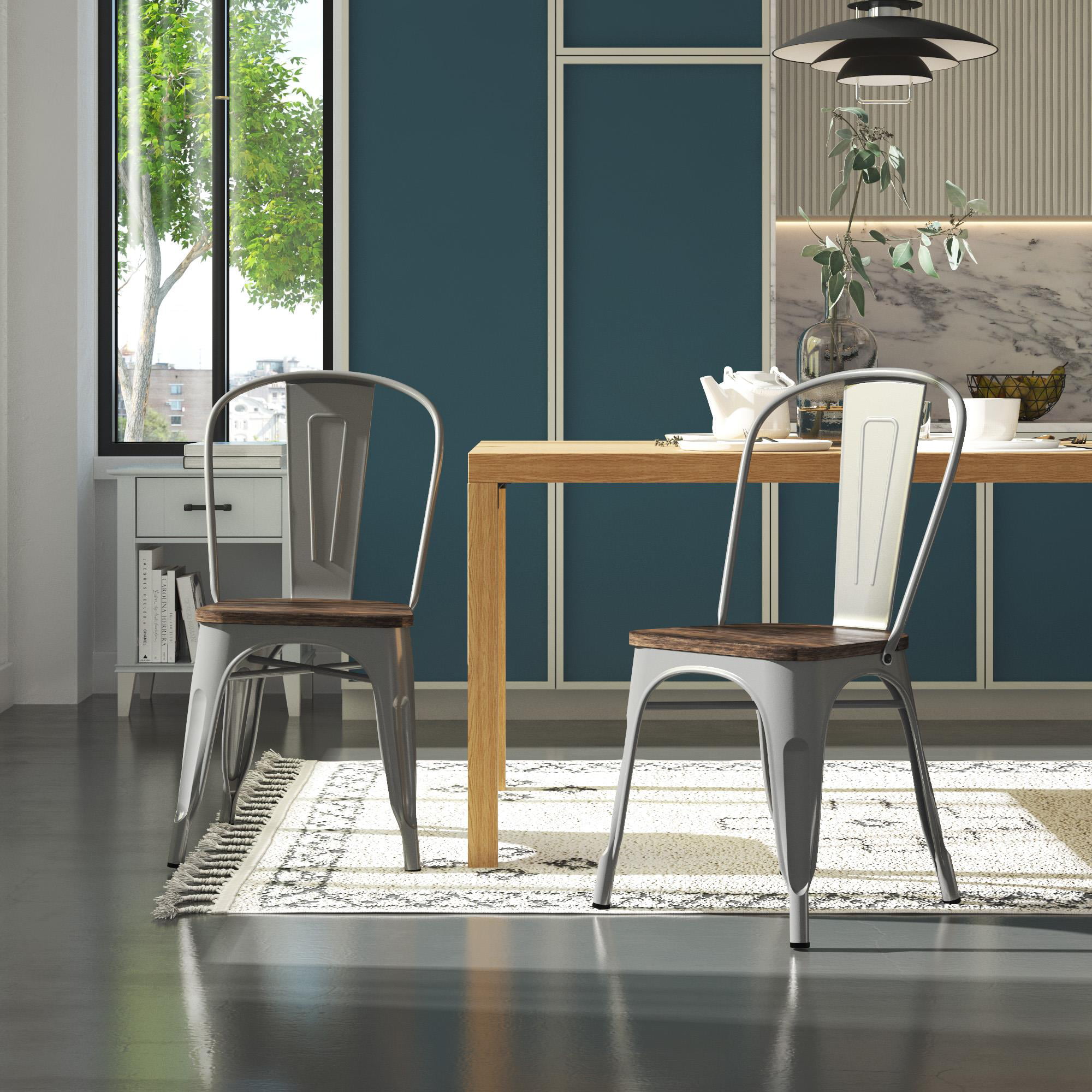 BHG Aidan Stackable Metal Dining Chair with Wood Seat. Silver. Set of 2