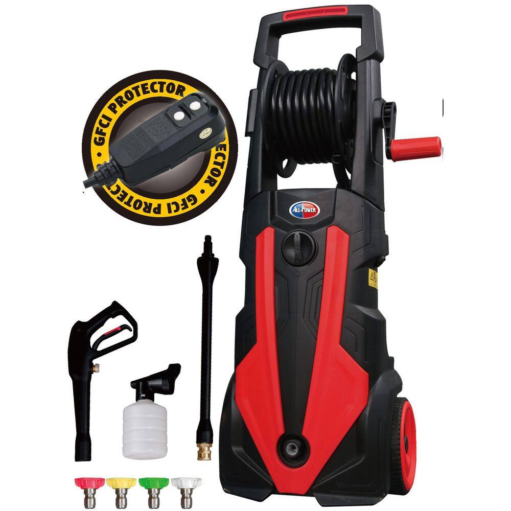 All Power APW5006R 2000 PSI 1.6 GPM Red Electric Pressure Washer with Hose Reel for Buildings. Walkway. Vehicles and Outdoor Cleaning