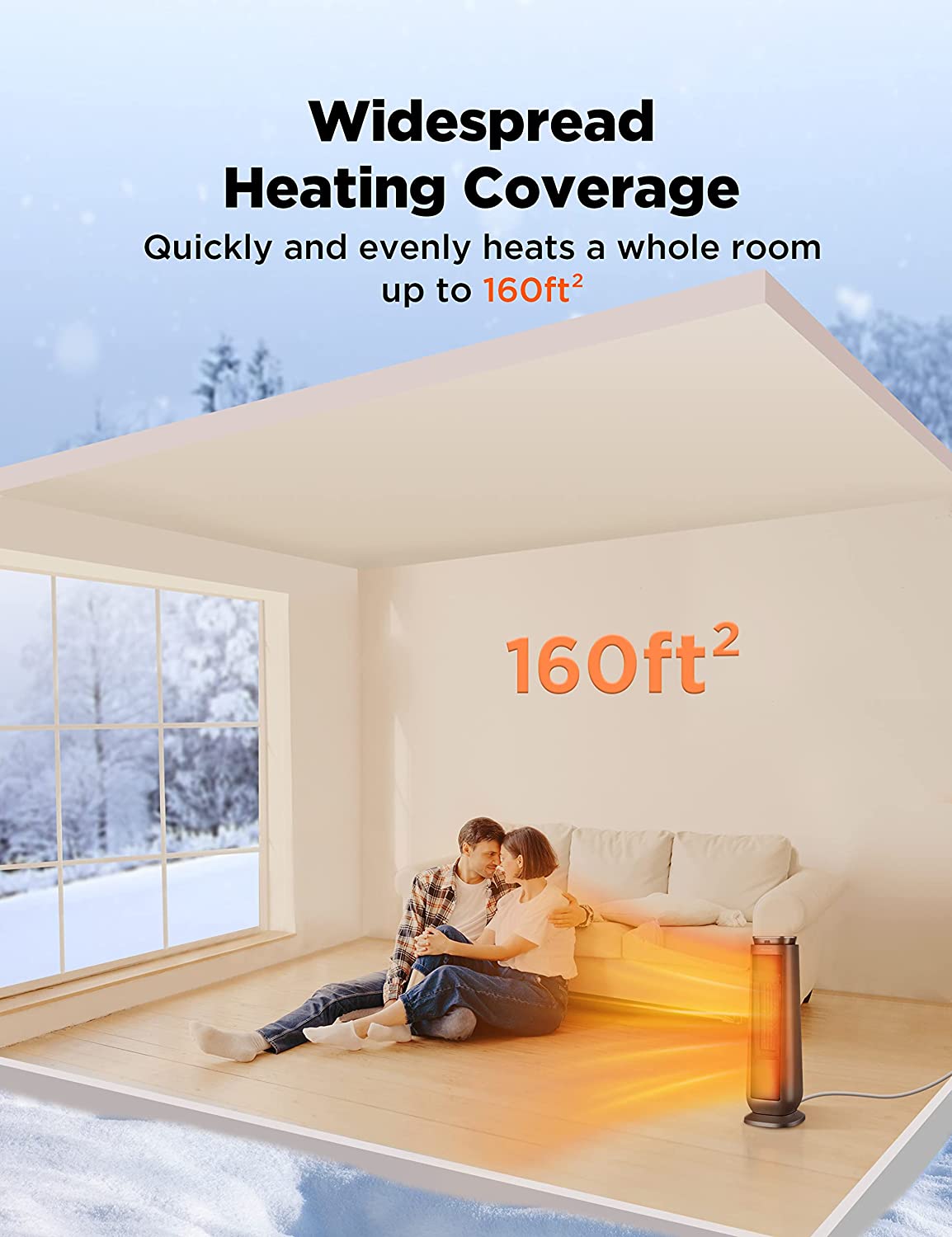 PELONIS PTH15A4BGB Ceramic Tower 1500W Indoor Space Heater with Oscillation. Remote Control.Grey