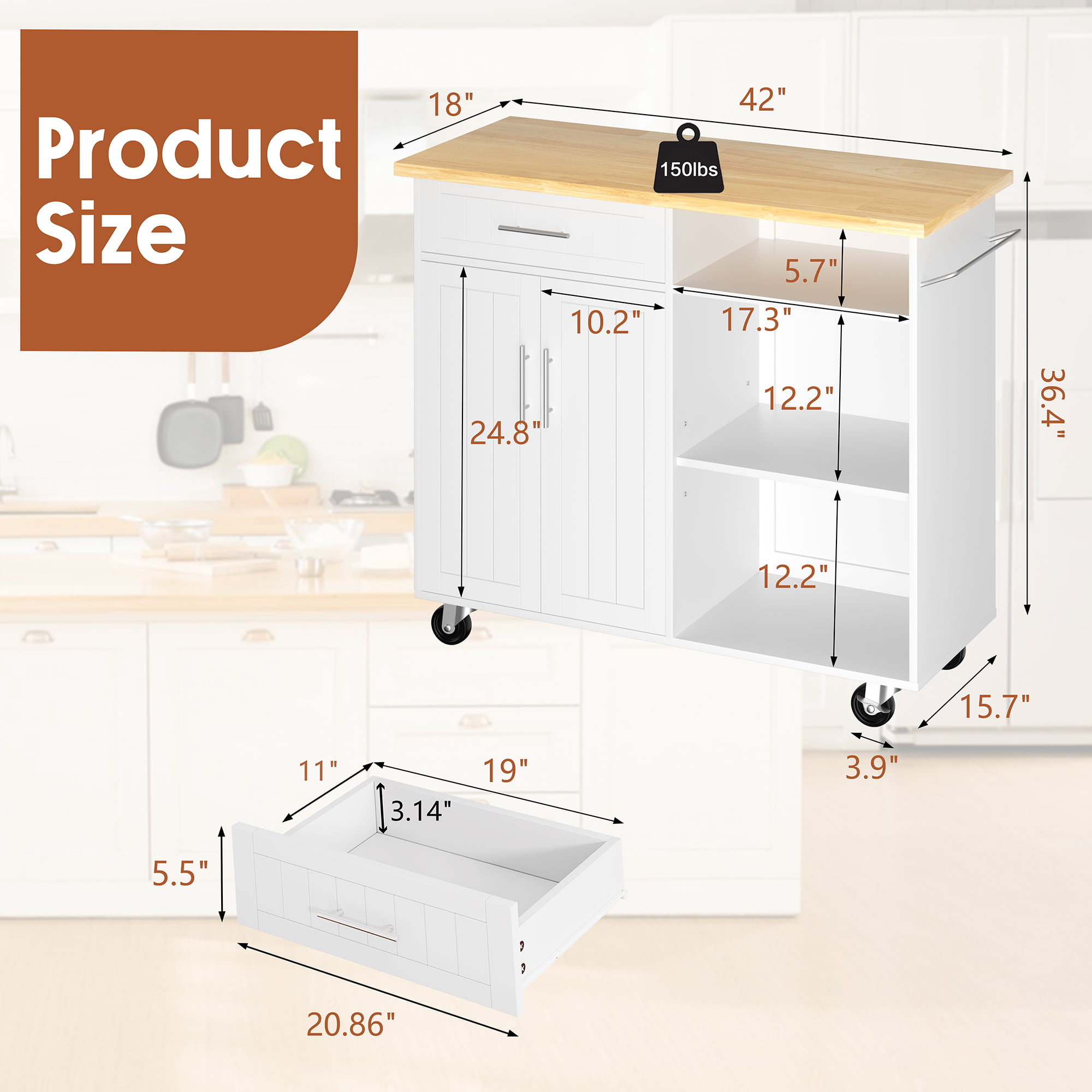 Walsunny Kitchen Island Cart with Storage.Rolling Kitchen Island Side Table on Wheels with Large Worktop.Storage Cabinet.Towel Rack and DrawersWhite