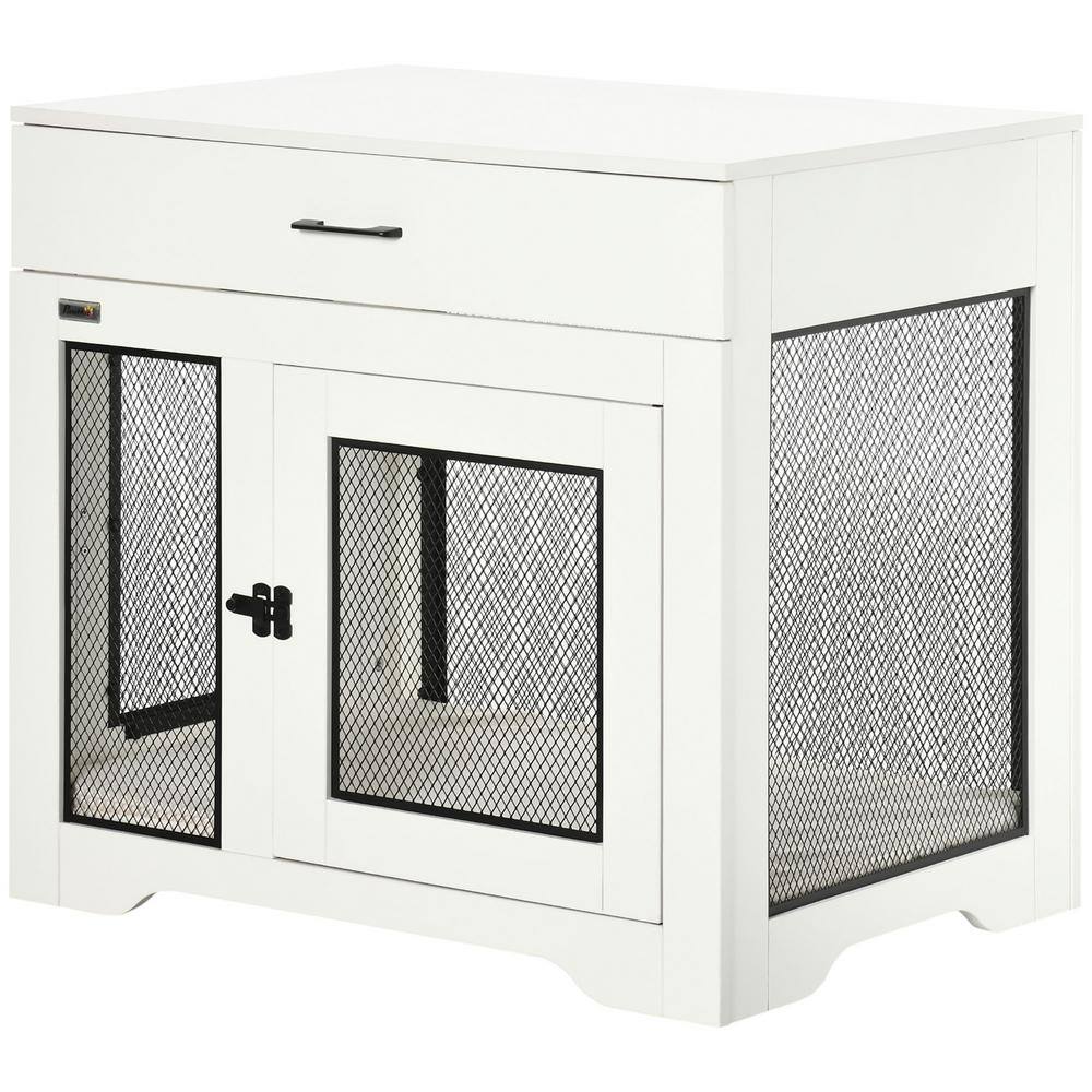 PawHut D02-133V00WT Dog Crate Furniture with Soft Water-Resistant Cushion. Dog Crate End Table with Drawer. White