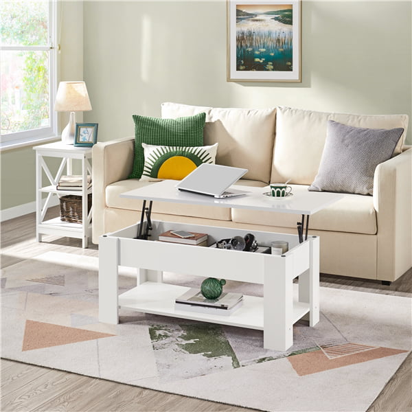 Easyfashion Modern 38.6″ Wood Lift Top Coffee Table with Lower Shelf. White