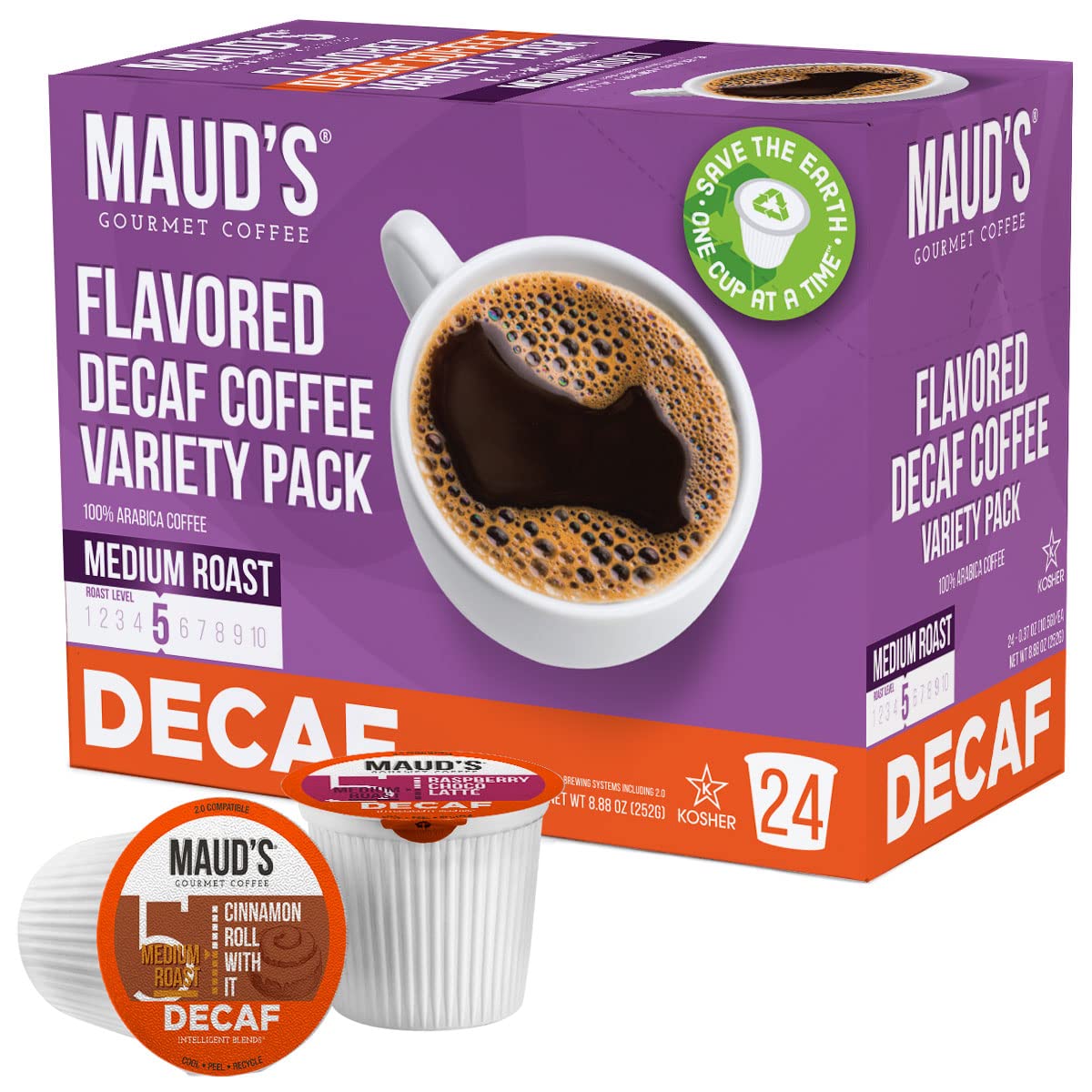 Maud-s Flavored Decaf Coffee Sampler Variety Pack (6 Flavors) 24ct. Solar Energy Produced Recyclable Single Serve Sample Pack Decaf Coffee Pods. 100% Arabica Coffee California Roasted. KCup Compatible