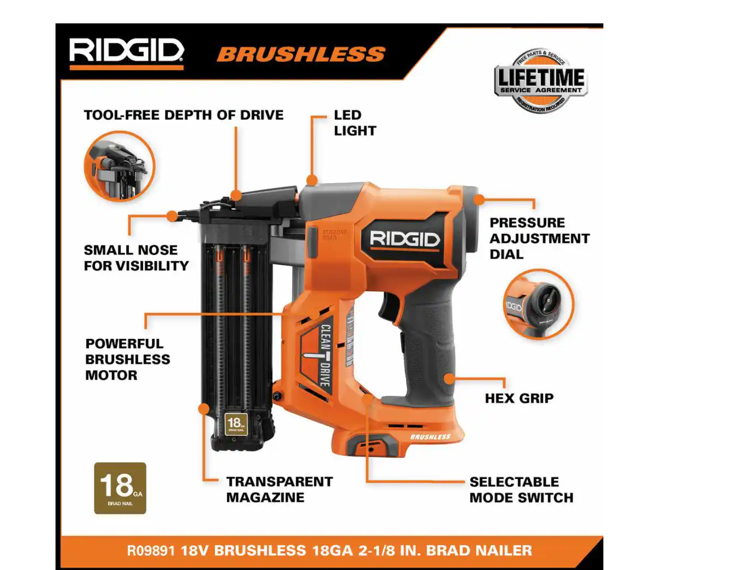 RIDGID R09891B-AC8400802 18V Brushless Cordless 18-Gauge 2-1/8 in. Brad Nailer with CLEAN DRIVE Technology with 18V 2.0 Ah Lithium-Ion Battery