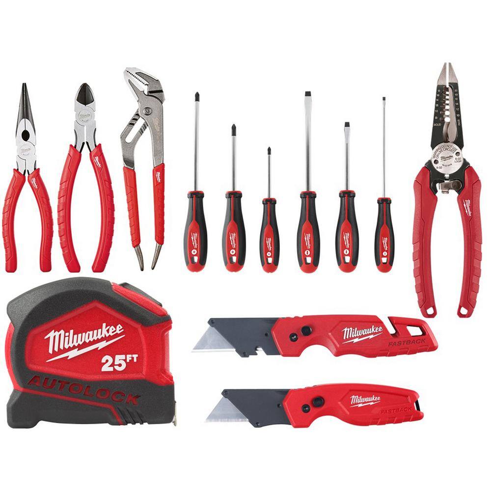 Milwaukee 48-22-6331-48-22-3079SB Pliers Kit with Screwdriver Set. 25 ft. Auto Lock Tape Measure. and FASTBACK Utility Knives Hand Tool Set (13-Piece)