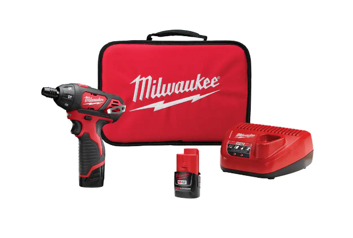 Milwaukee 2401-22 M12 12V Lithium-Ion Cordless 1/4 in. Hex Screwdriver Kit with Two 1.5Ah Batteries. Charger and Tool Bag