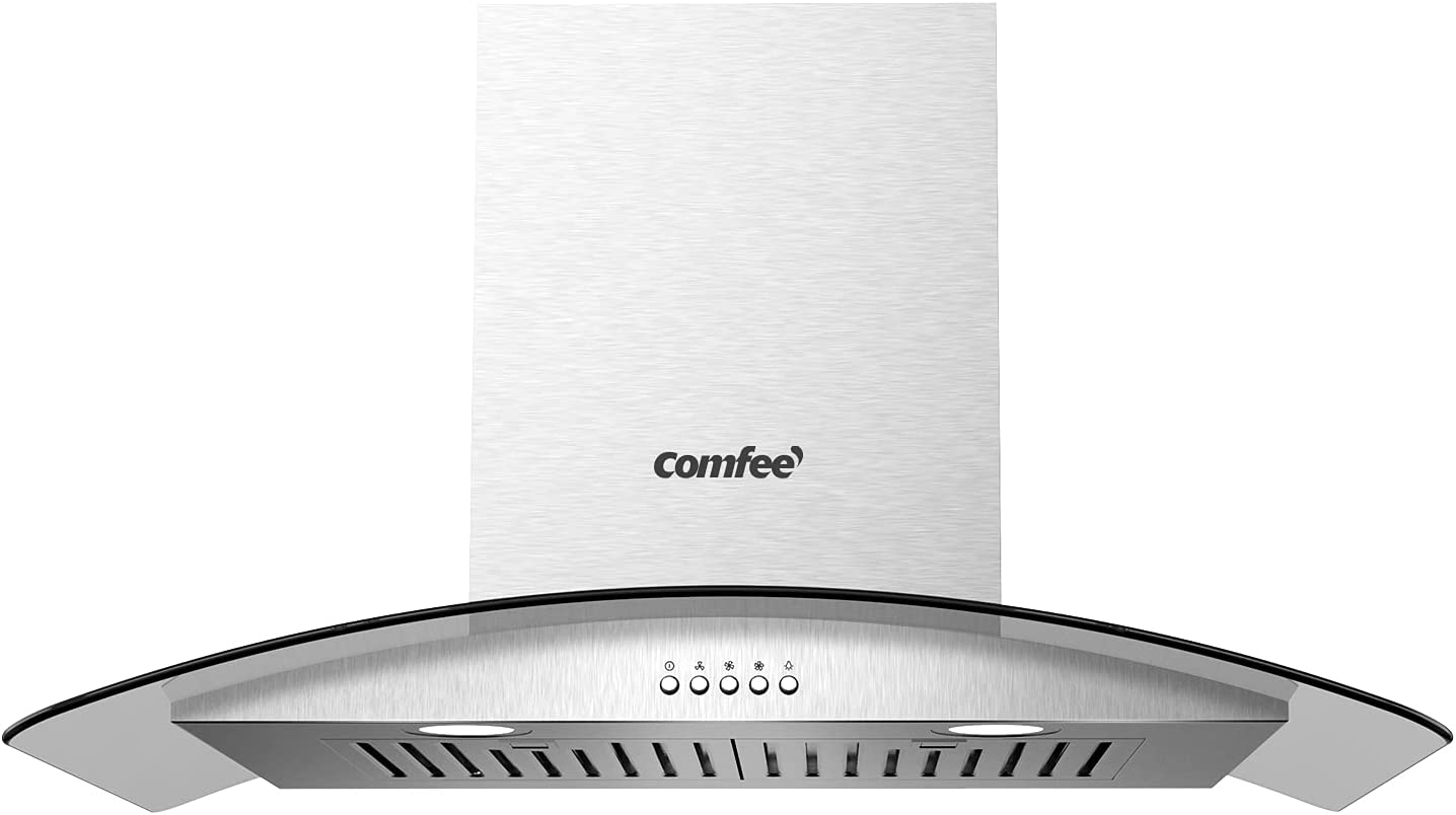 Comfee CVG30W8AST 30 Inches Ducted Wall Mount Vent Range Hood with 450 CFM 3 Speed Exhaust Fan. Baffle Filters. Curved Glass. 2 LED Lights. Convertible to Ductless. Stainless Steel