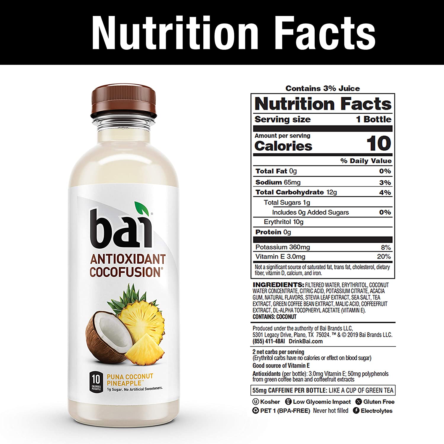 Bai. Puna Coconut Pineapple. Antioxidant Infused Drinks. 18 Fl Oz. 6 Pack