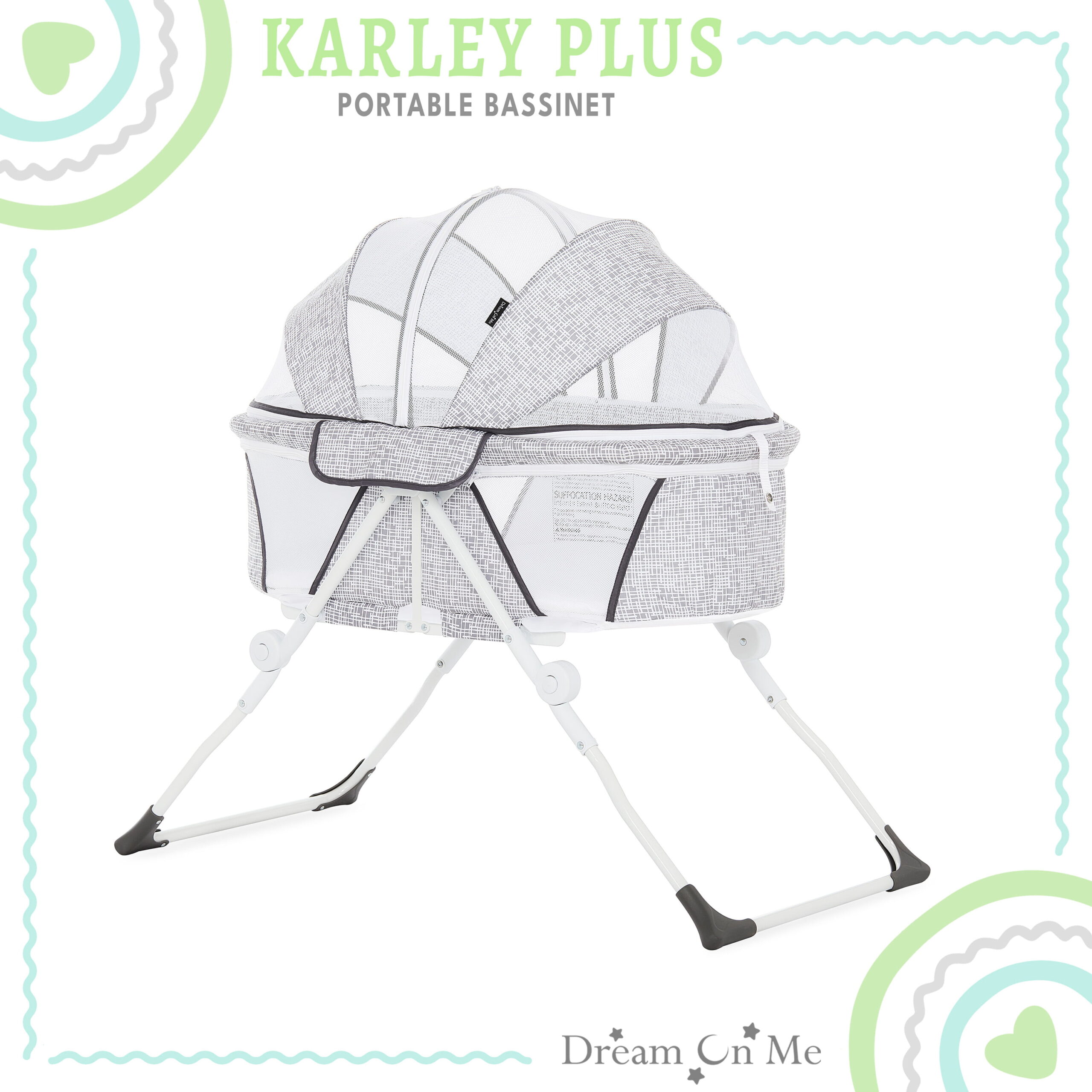 Dream On Me Karley Plus Portable Quick Fold Bassinet with Removable Canopy in Cool Grey