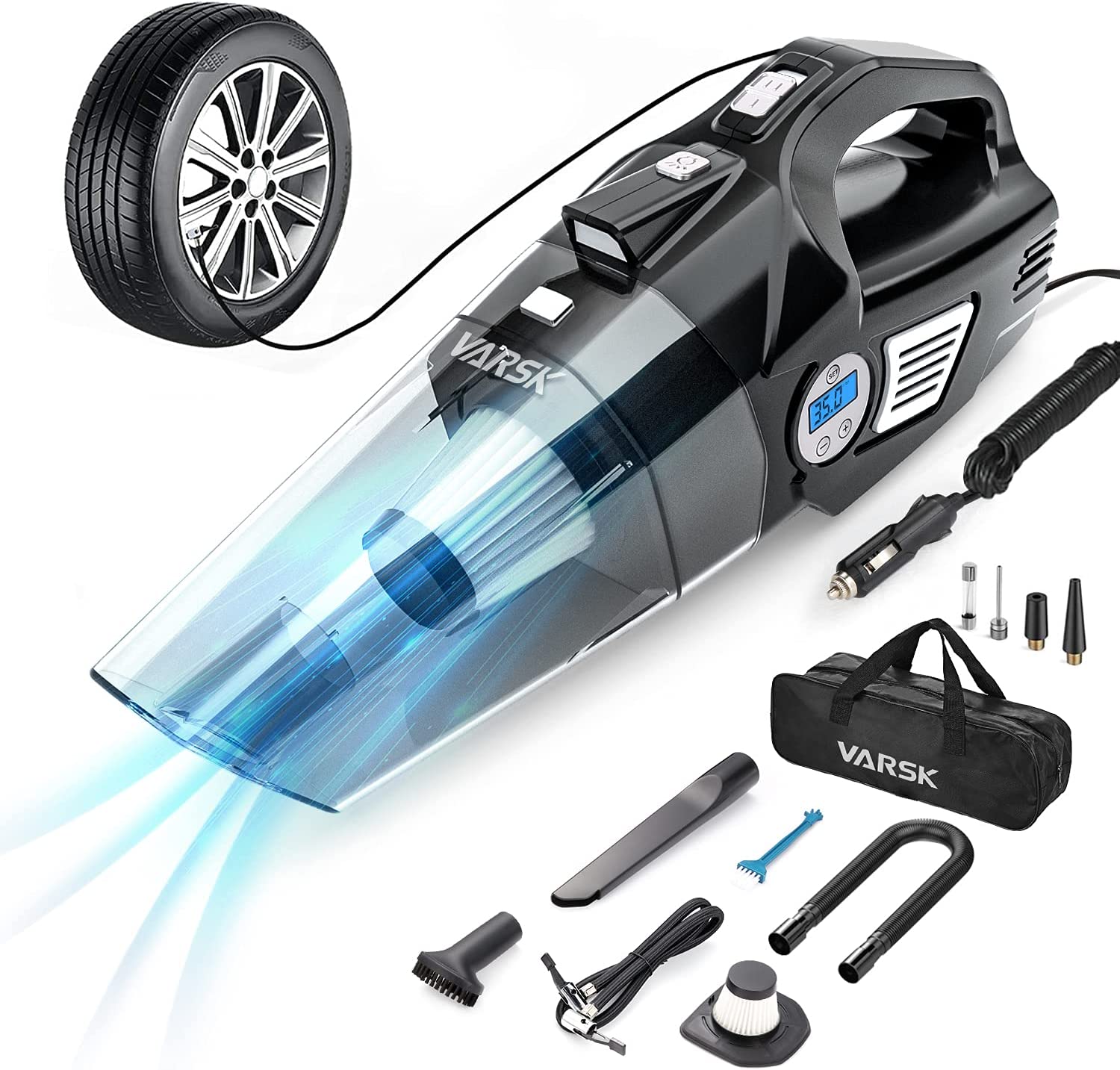 VARSK 4-in-1 Car Vacuum Cleaner. Tire Inflator Portable Air Compressor with Digital Tire Pressure Gauge LCD Display and LED Light. 12V DC Air Compressor Pump. 15FT Cord. Bonus HEPA Filter and Nozzles