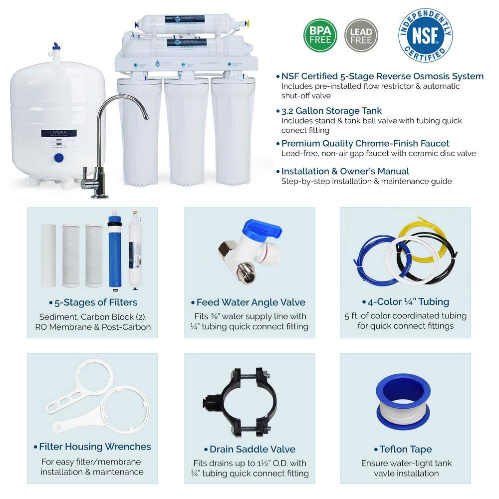Olympia Water Systems OROS-50 5-Stage Under-Sink Reverse Osmosis Water Filtration System with 50 GPD Membrane
