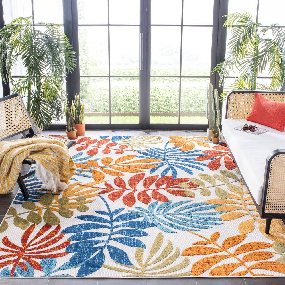 SAFAVIEH  Cabana Cream/Red 9 ft. x 12 ft. Abstract Palm Leaf Indoor/Outdoor Patio  Area Rug