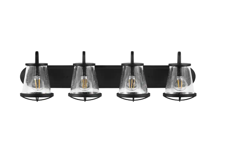 Home Decorators Collection HB2584-43 30 in. Georgina 4-Light Matte Black Industrial Bathroom Vanity Light with Clear Seedy Glass Shades