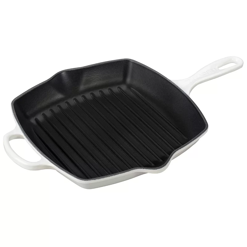 Le Creuset LS2021-2616 Enameled Cast Iron Signature Square Skillet Grill. 10.25″. White