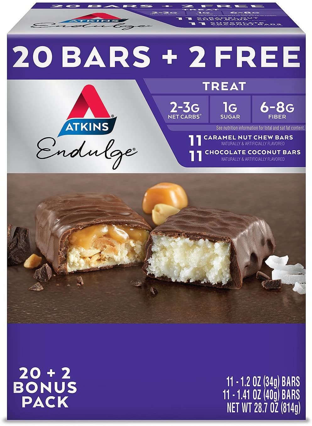 Atkins Endulge Variety Pack. Caramel Nut Chew and Chocolate Coconut Bars. Keto Friendly (22 ct.)