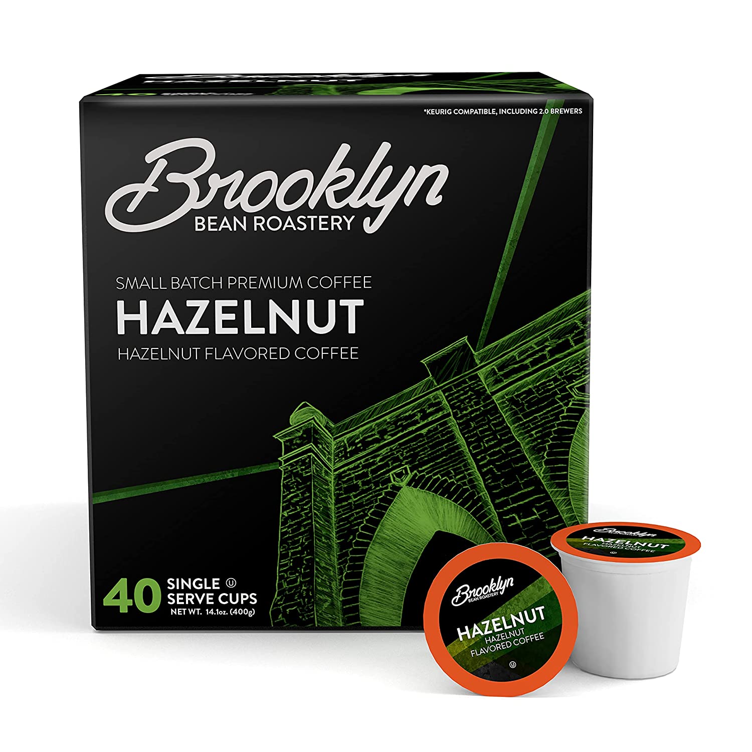 Brooklyn Beans Hazelnut Gourmet Coffee Pods. Compatible with 2.0 Keurig K Cup Brewers. 40 Count