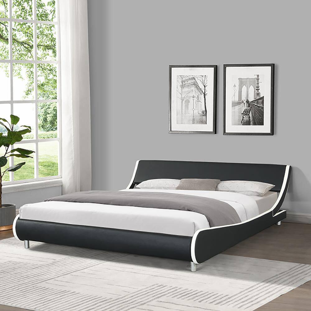 Unbranded  80.3 in.W Black White Wood Frame Faux Leather Upholstered King Size Platform Bed Frame