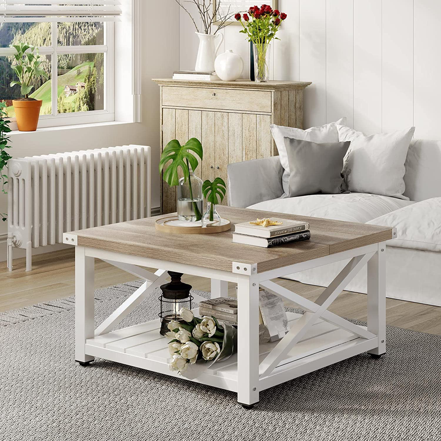 DEXTRUS Farmhouse Coffee Table for Living Room. Square Wood Coffee Table with Open Storage Shelf