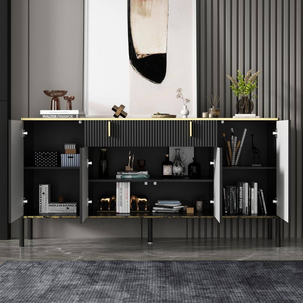 FUFU&GAGA  Black Wavy Paint Finish 1-Touch Doors Accent Storage Cabinet With Adjustable Shelves and 2-Drawers