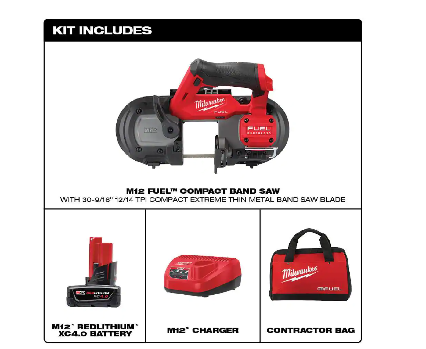 Milwaukee Band Saw 2529-21XC M12 FUEL 12V Lithium-Ion Cordless Compact XC Kit with One 4.0 Ah Battery. Charger and Bag