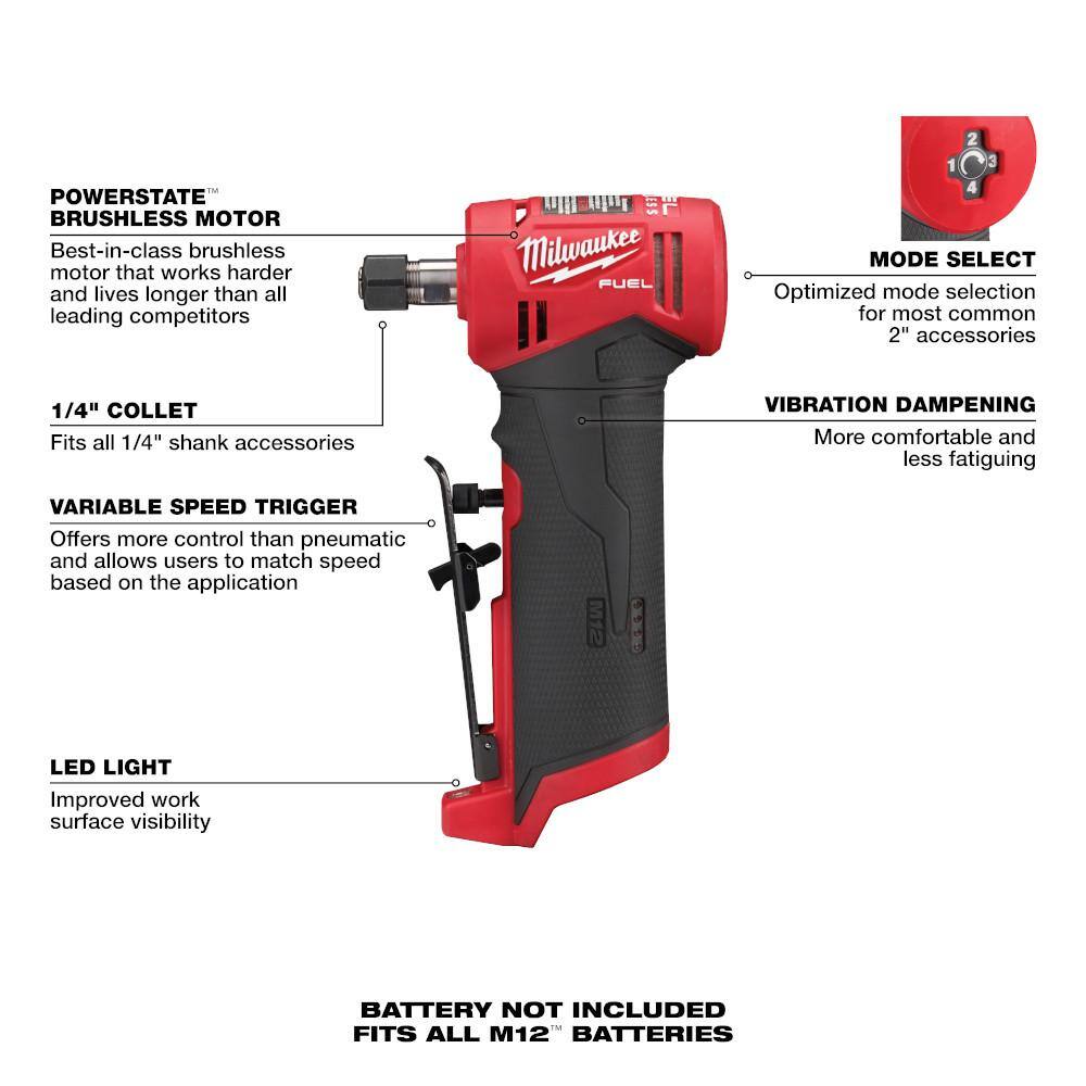 Milwaukee 2485-20-2486-20 M12 FUEL 12V Lithium-Ion Brushless Cordless 1/4 in. Right Angle and Straight Die Grinder Kit (Tool-Only Kit)