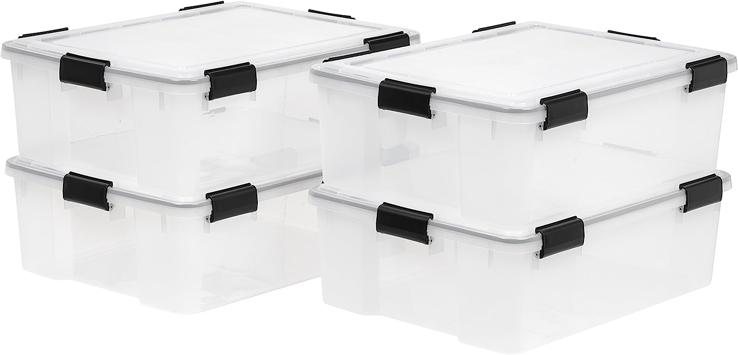 IRIS USA 41 Quart WEATHERPRO Plastic Storage Box with Durable Lid and Seal and Secure Latching Buckles. Weathertight. Clear with Black Buckles. 4 Pack