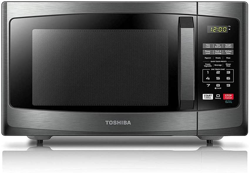TOSHIBA EM925A5A-BS Countertop Microwave Oven. 0.9 Cu Ft With 10.6 Inch Removable Turntable. 900W. 6 Auto Menus. Mute Function & ECO Mode. Child Lock. LED Lighting. Black Stainless Steel
