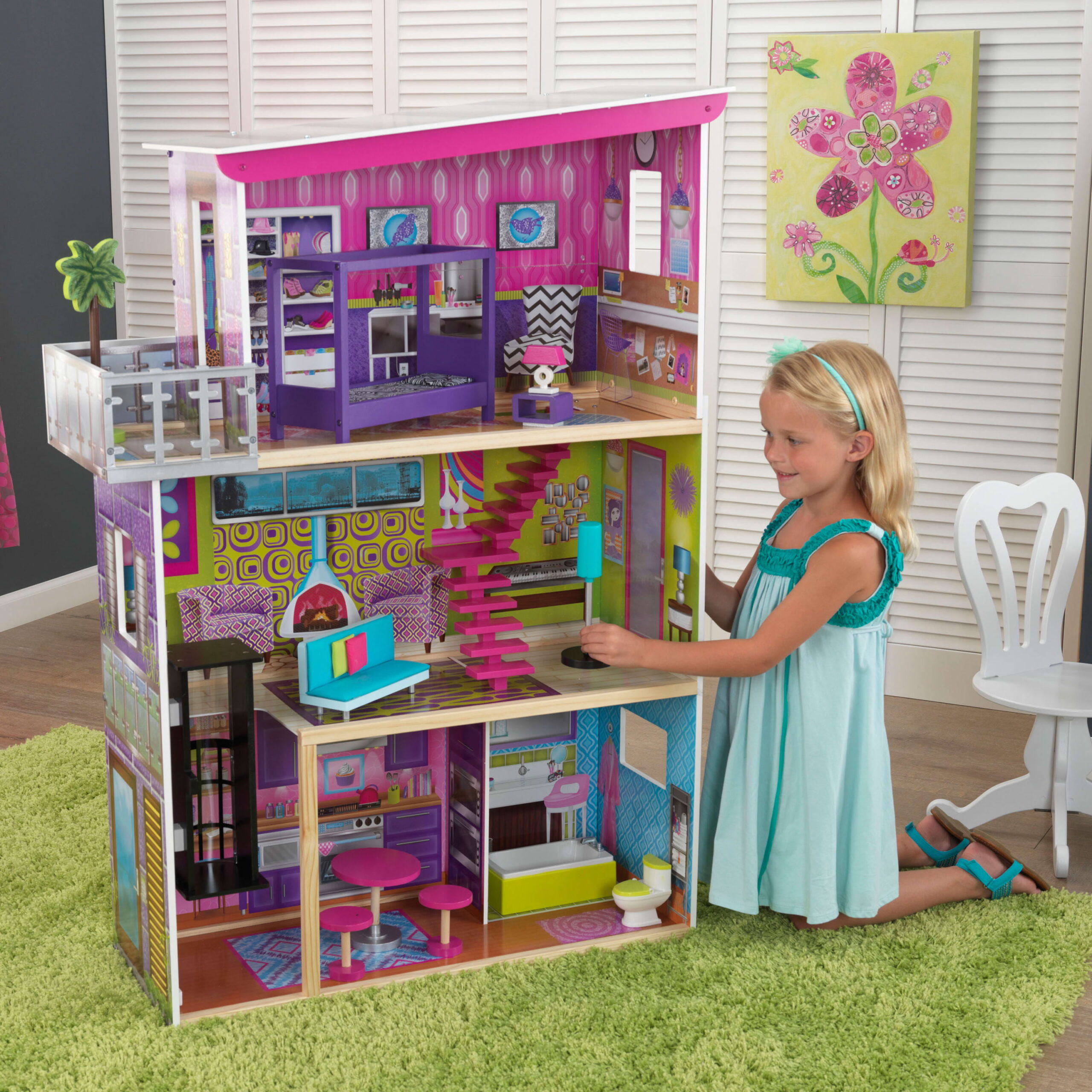 KidKraft Super Model Wooden Dollhouse. for 12-inch Dolls. with Elevator and 11 Accessories